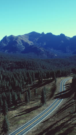 a winding road through a forest with mountains in the background