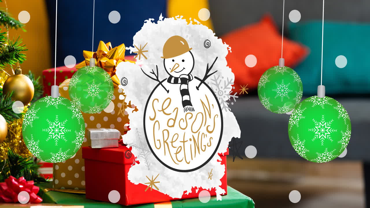 animación de felicitaciones de la temporada texto de navidad y muñeco de nieve en decoraciones borrosas en el fondo