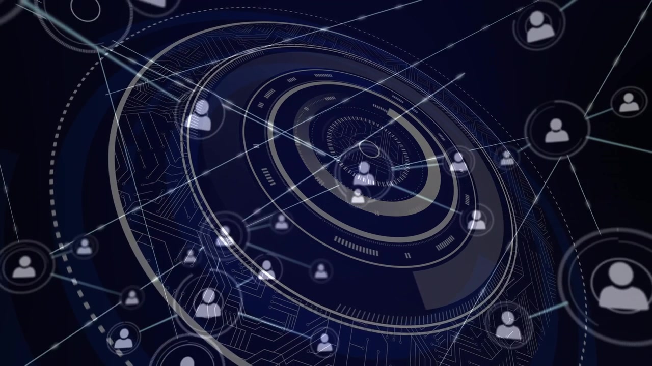 Animation of network of connections and processing circles on black background