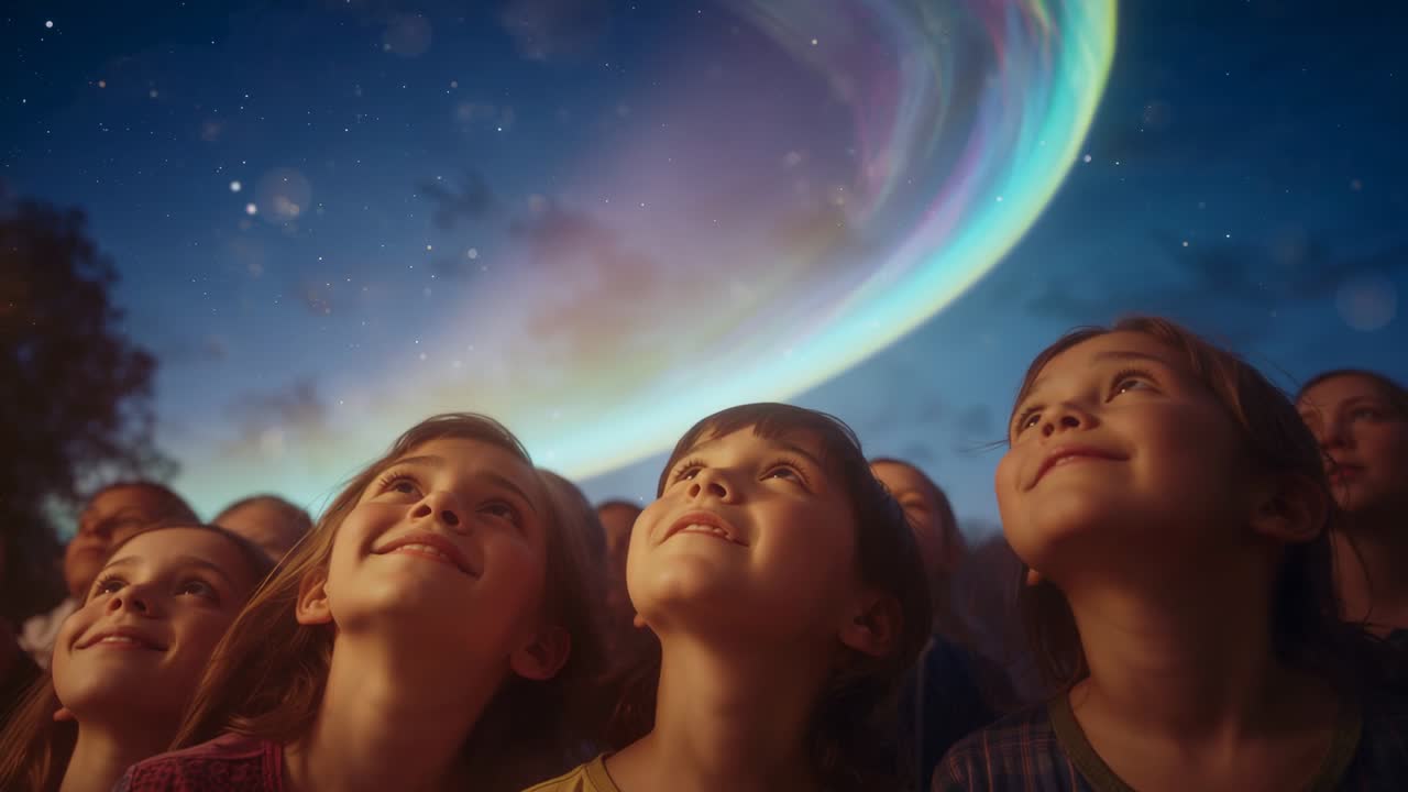 Witnessing fading twilight, children on field tilting heads skyward, watching swirling aurora band
