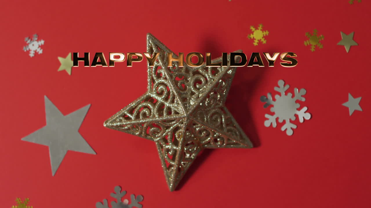 Happy Holidays text animation over festive star and snowflakes on red background