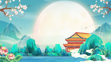 mysterious landscape china's traditional oriental digital art animation, chinese retro painting ink misty mountain with flowers, tree, birds, river in fog background