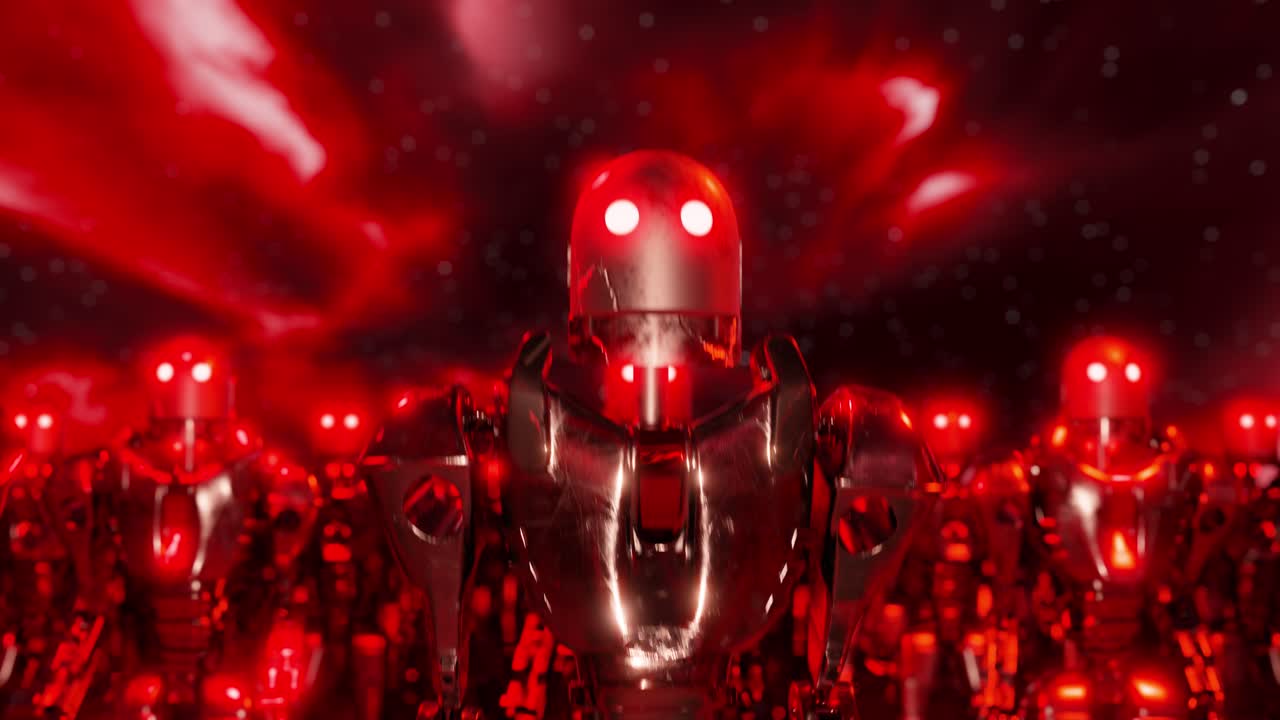 Crowd of robots with red eyes walking under night sky. Robots have turned against humans