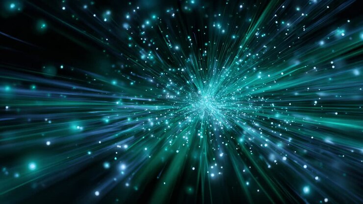 A mesmerizing display of vibrant particles and radiant light effects emanating from a central point, creating an illusion of depth and motion in a captivating celestial scene filled with energy