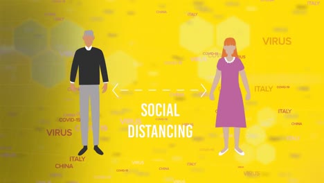 animation of two people and word social distancing with double arrow between them over words virus a