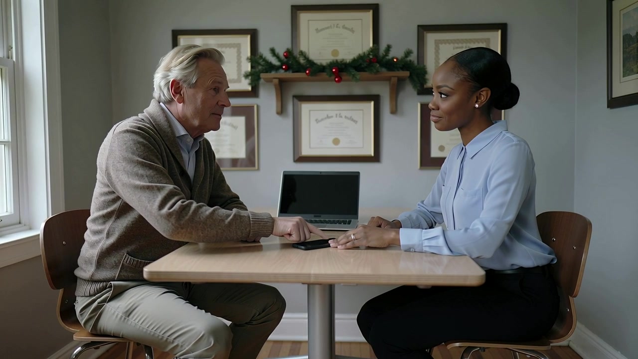 Reaching senior man in sweater tapping phone at office table laptop, woman in blouse reviewing info