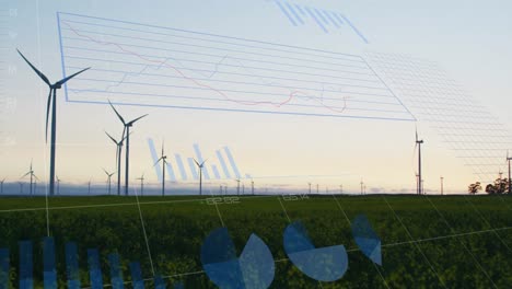 animation of financial data processing and wind turbines