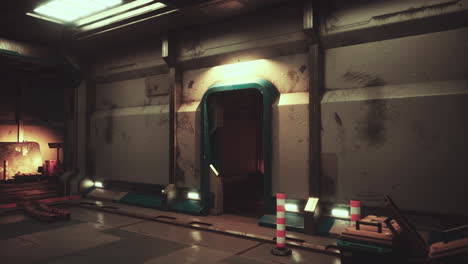 a dark and empty spaceship corridor with a door at the end