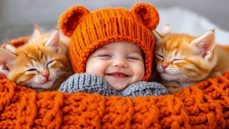 a baby in a knitted hat and scarf with two kittens