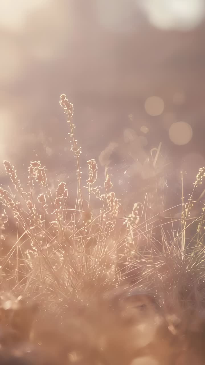 Vertical video: Entering sunlight bathing dried grass clump, highlighting seedhead stalks in meadow