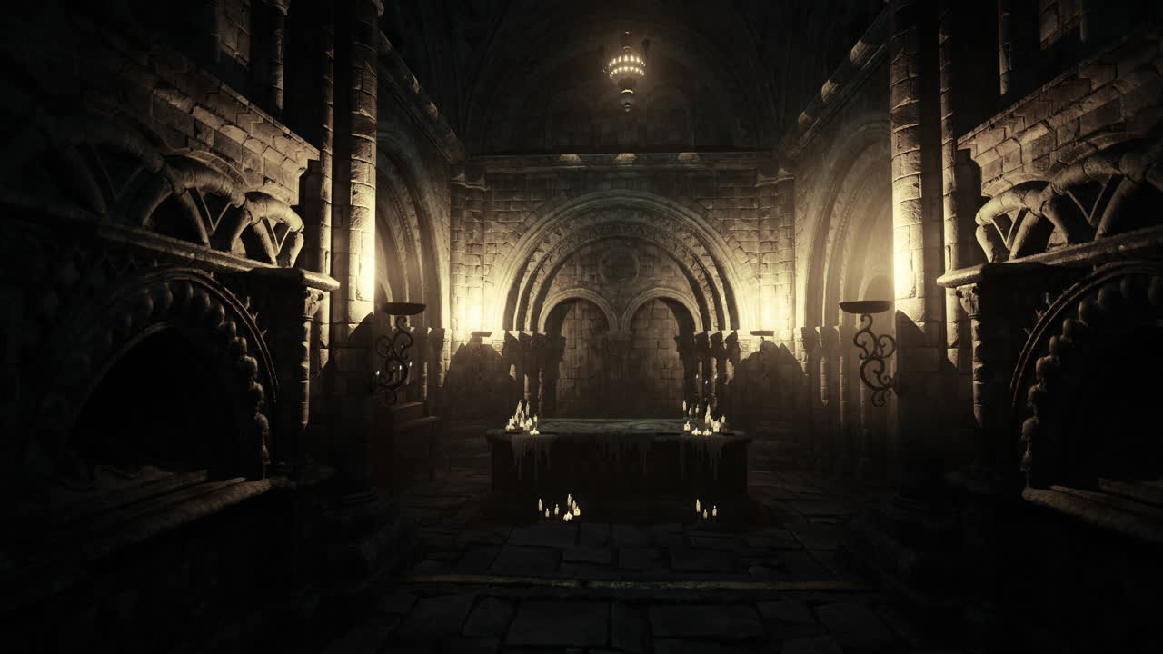 Dimly lit ancient stone hall with candles creating eerie ambiance