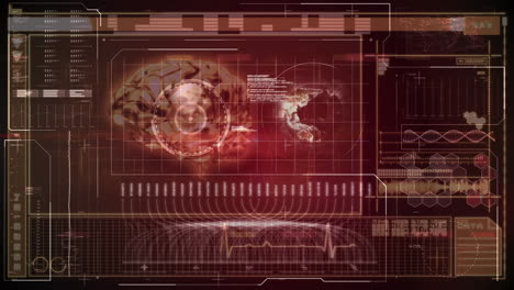 animación de barras de carga, ondas sonoras, hélice de adn, cerebro humano y globo contra un fondo abstracto