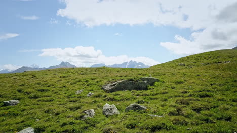 volo di droni sui prati alpini svizzeri in una soleggiata giornata estiva rivelando le cime delle montagne 4k