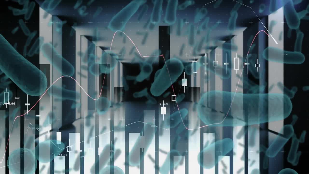 맥로 코로나19 세포가 통계에 퍼져있는 애니메이션이 배경에 표시되어 있습니다.