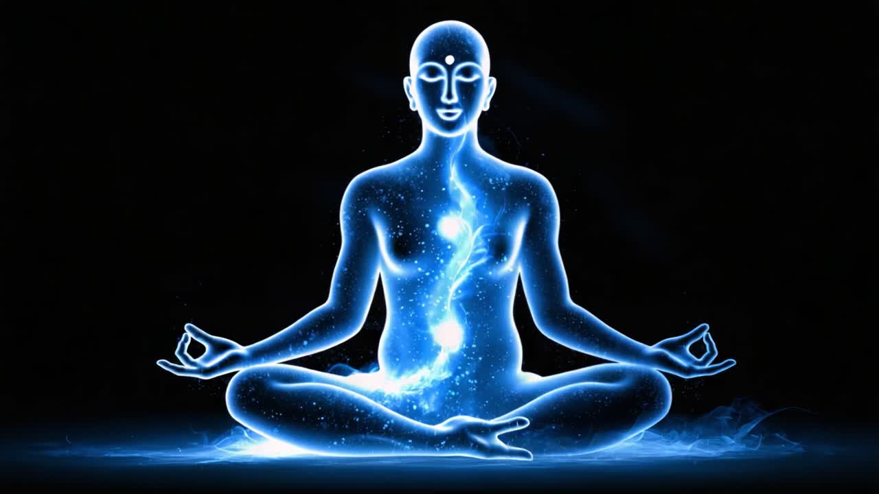 Una rappresentazione mistica della meditazione: un bagliore etereo emana dal nucleo di una figura radiosa, che simboleggia l'armonia interiore e il risveglio spirituale.