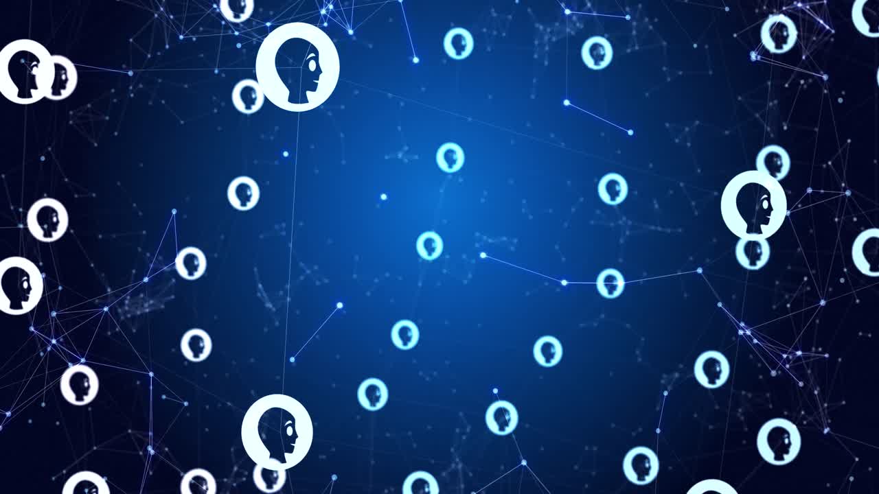 animación de la red de conexiones con iconos en fondo azul y negro