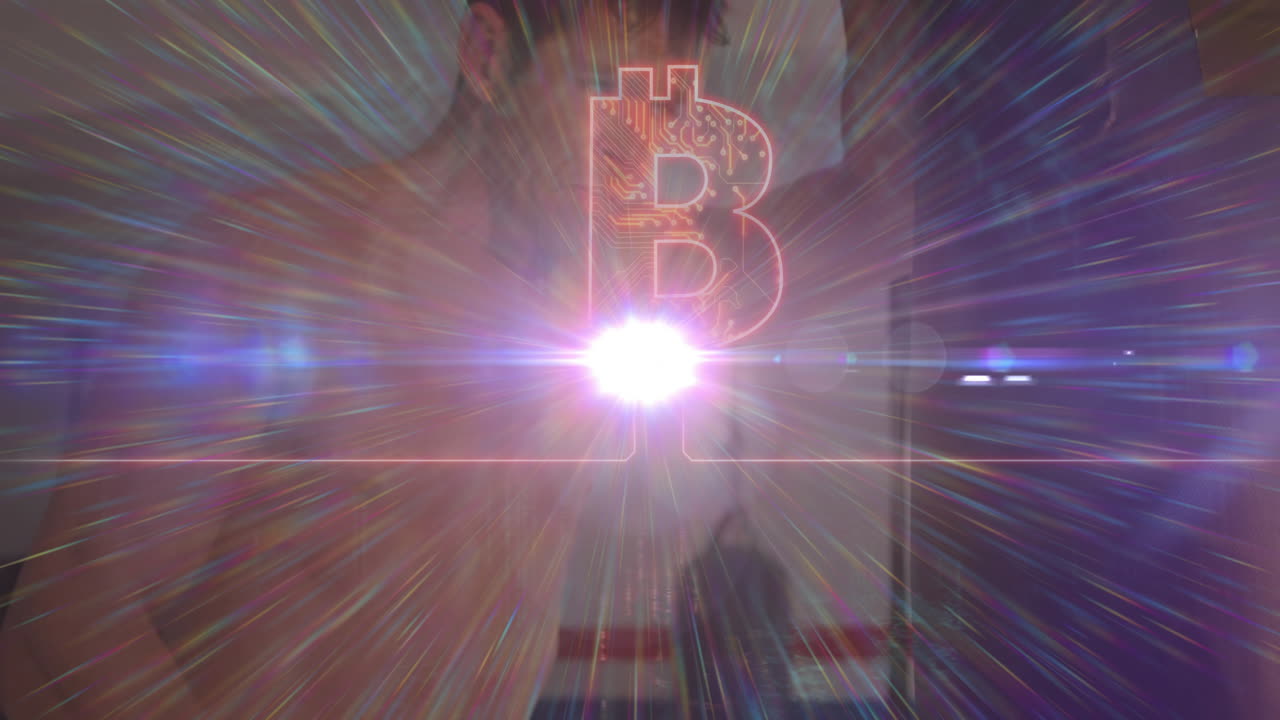 Bitcoin symbol glowing with radiant light beams in digital concept animation