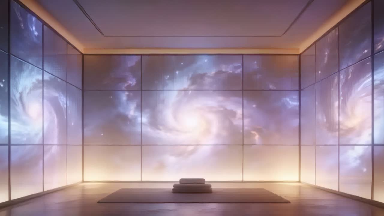 Langsame Bewegung des Galaxie-Panels beginnt und animiert zentrale Matte und Zafu in einem minimalistischen Studio zum Üben.