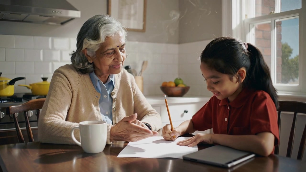 Girl picking pencil, writing while grandma in cardigan guiding on paper at kitchen table, teaching