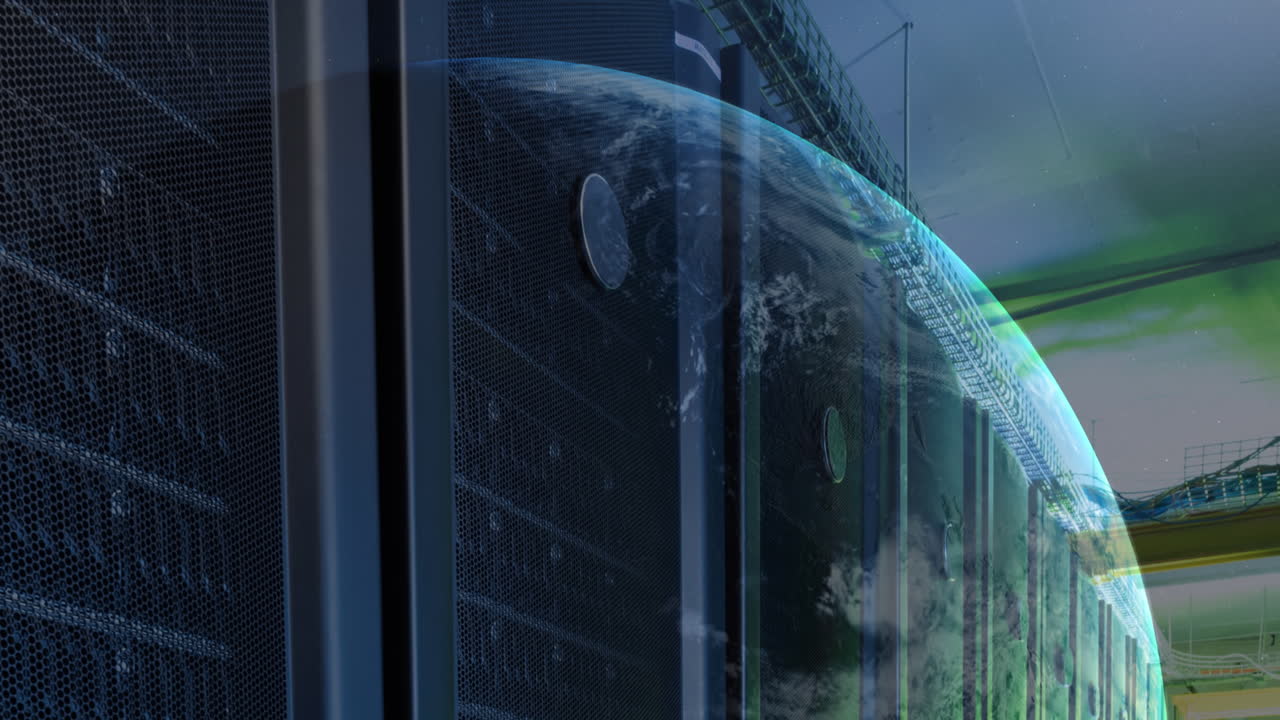 Animation of a globe against computer server room