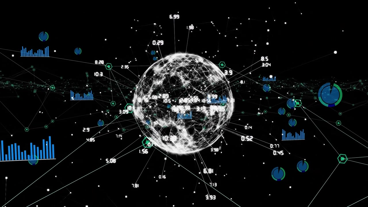Animation of network of digital icons and statistical data processing against spinning globe