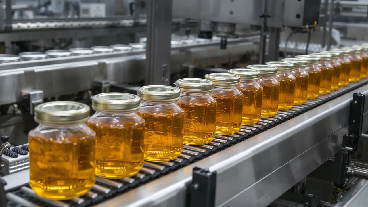Advancing conveyor pushing glass jars with metal lids toward capper to cap at plant, amber liquid