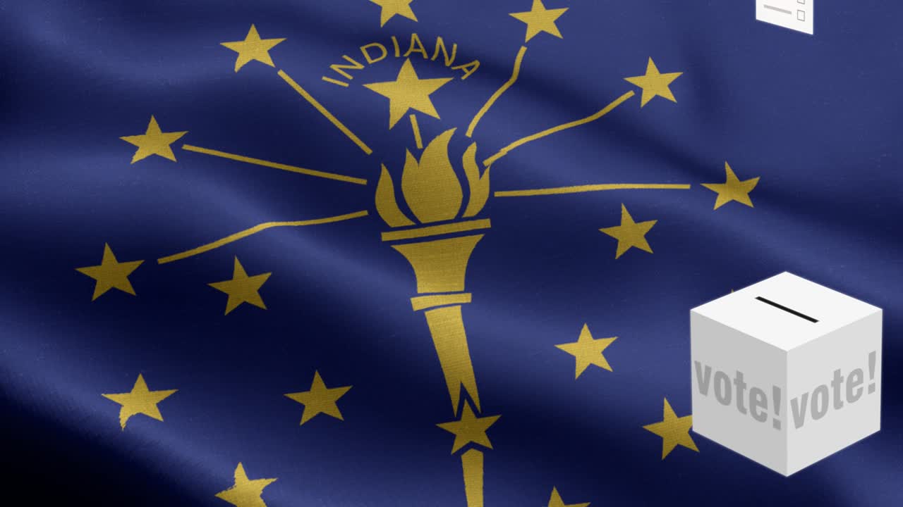 Stato dell'Indiana - Schede elettorali che volano verso l'urna per le elezioni in Indiana - Urna elettorale davanti alla bandiera - Elezioni - Voto - Elementi ripetibili con motivo a onda della bandiera nazionale dello Stato dell'Indiana - Texture tessuto e loop infinito - Bandiera dello Stato dell'Indiana in loop - Bandiere degli stati americani.