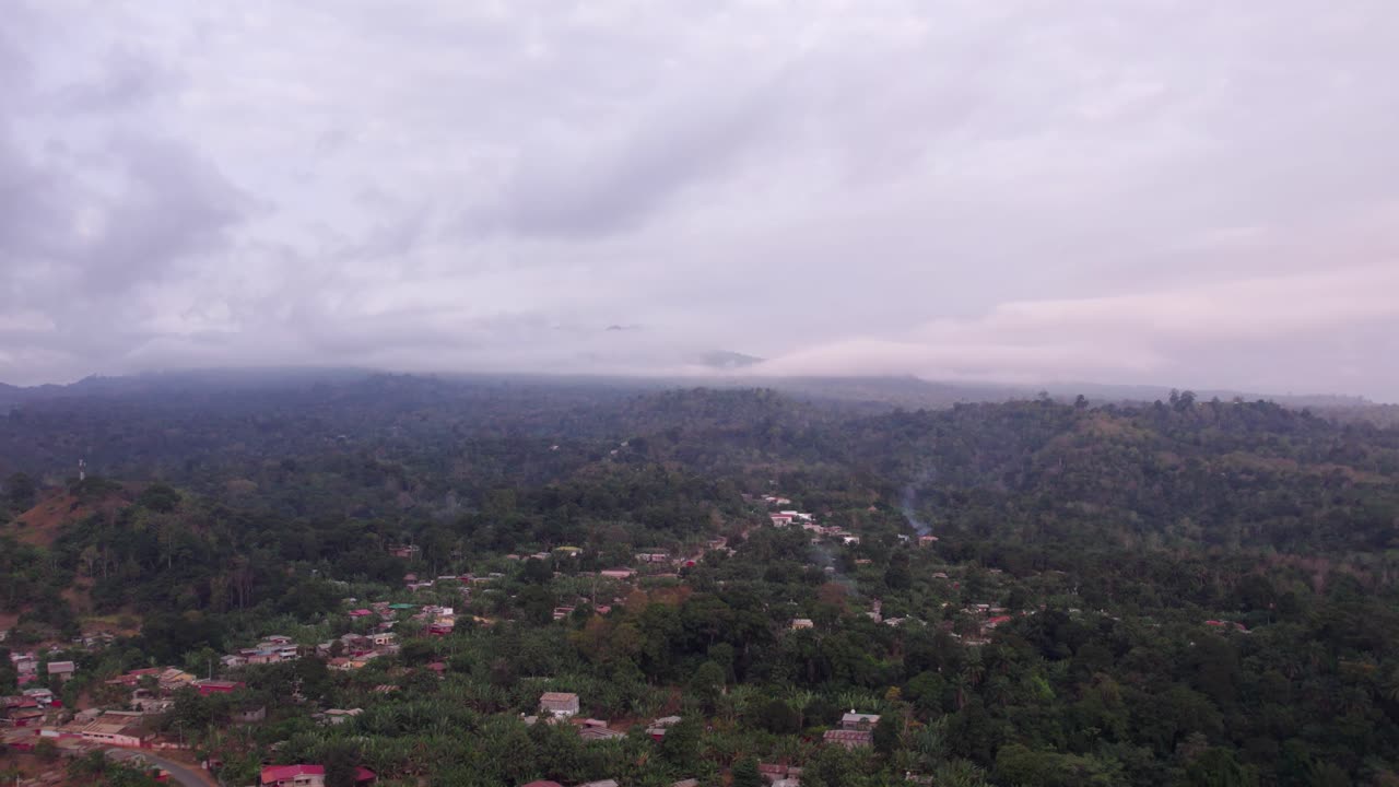 Aerial view of São Tomé Countryside with buildings and road