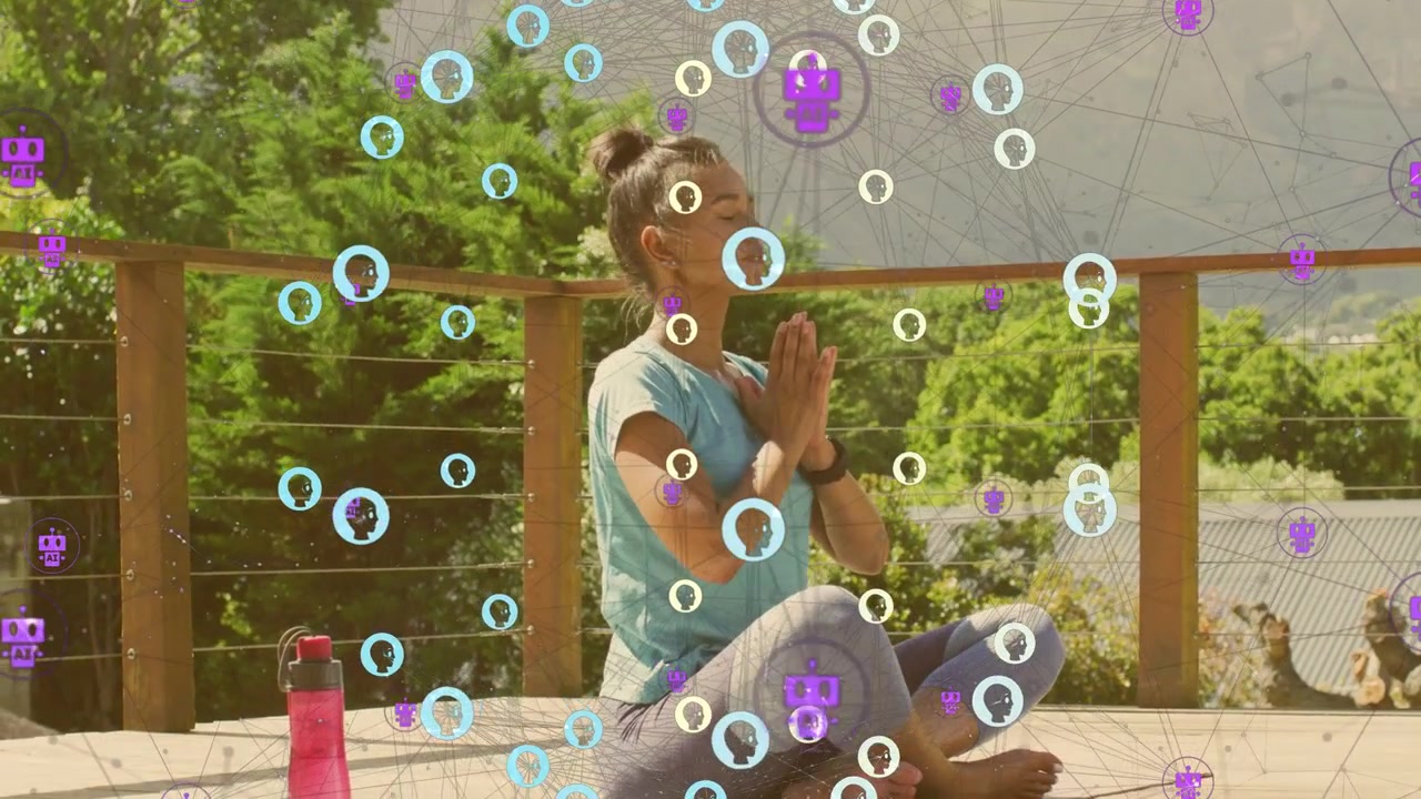Vertical video: Woman sitting on yoga mat on deck meditating into prayer as avatars descend