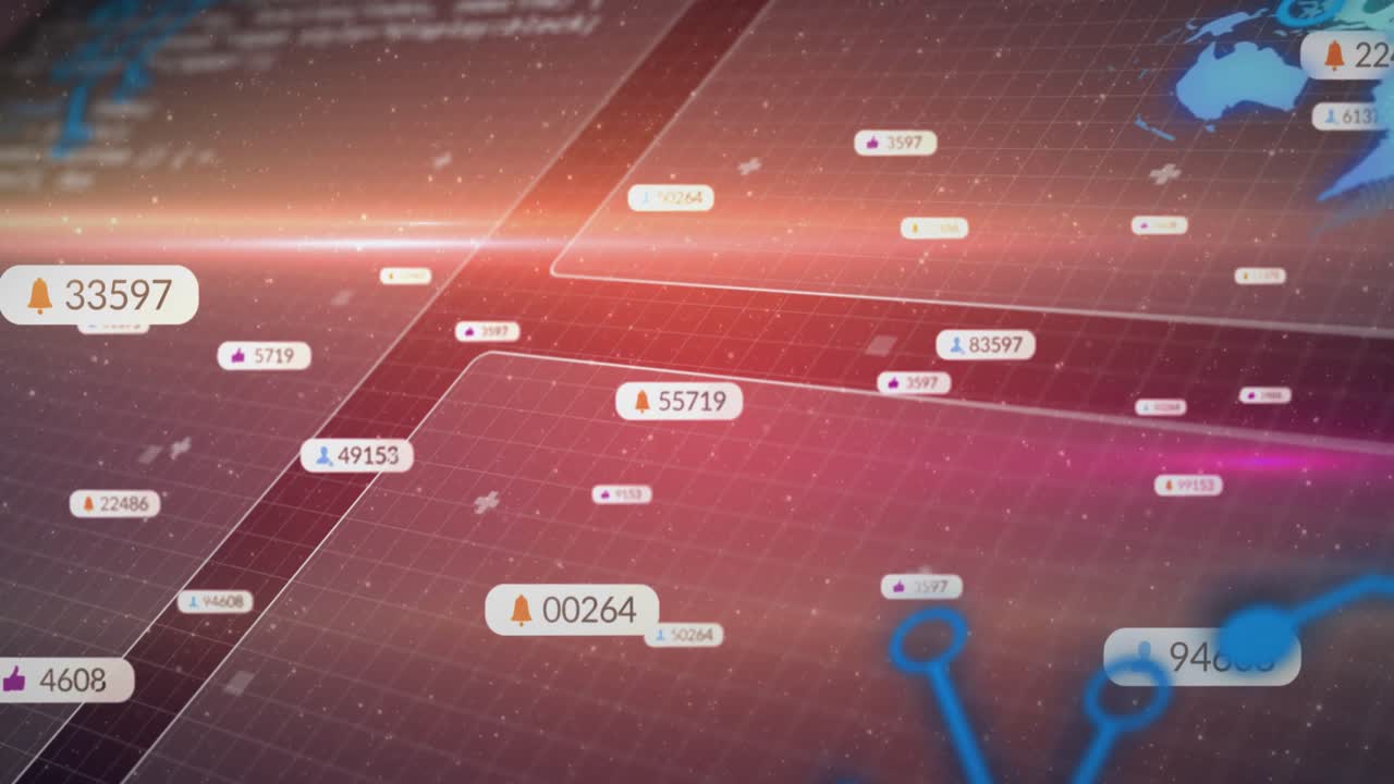 Linee luminose avviano tag che scorrono su nodi di una griglia, collegandosi a una mappa emergente che mostra flussi di dati