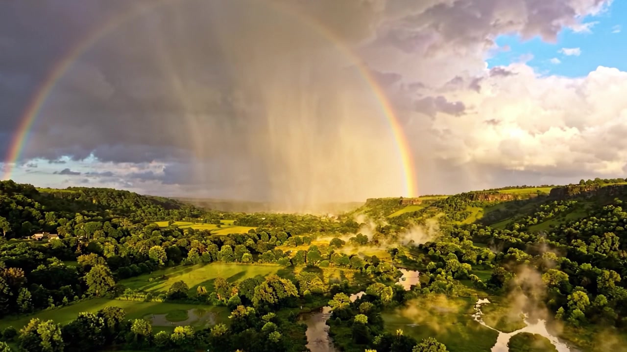 A Majestic View of a Rainbow Amidst a Dramatic Rainstorm Over Lush Green Fields and Rolling Hills, Capturing Nature's Beauty and Serenity in Harmony