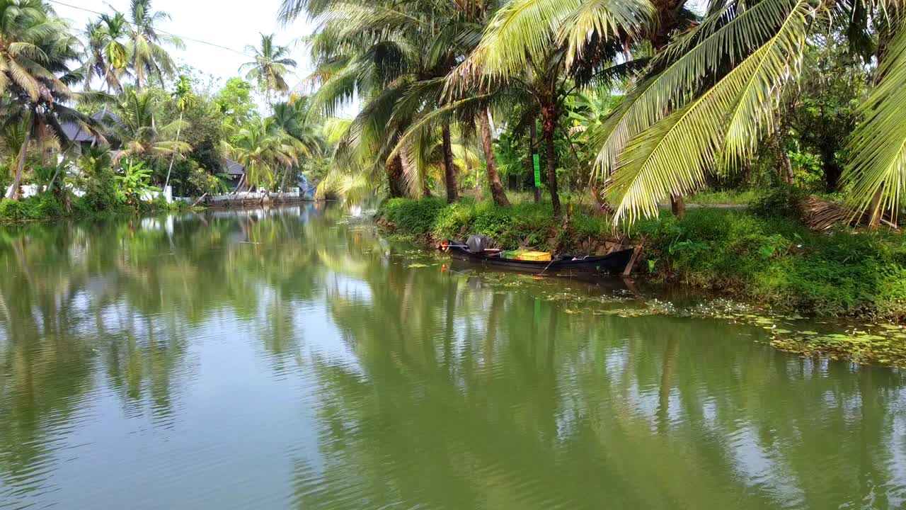 Questo video cattura la serena bellezza delle backwaters del Kerala, con una tradizionale barca di legno ormeggiata lungo un canale lussureggiante e orlato di palme che riflette la vivace vegetazione tropicale.