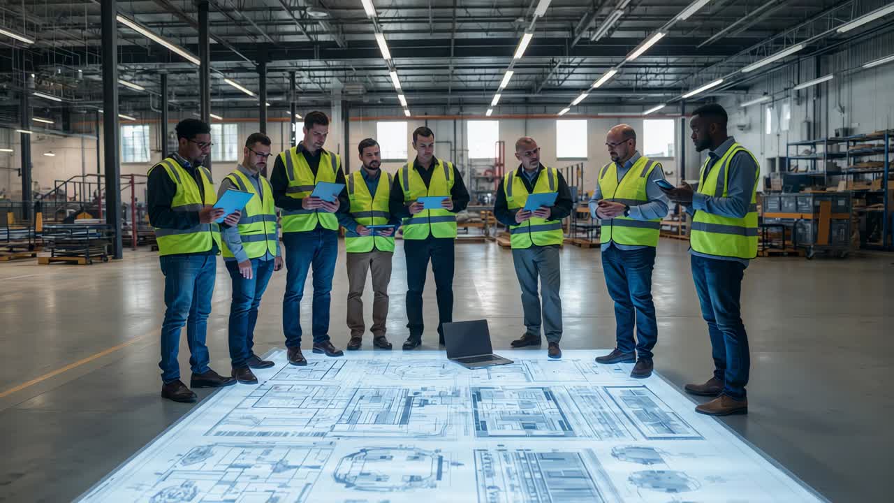 Reviewing eight men in hi-vis vests and boots studying lit floor plans in warehouse with laptop