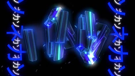 Animation-of-glowing-blue-shapes-over-japanese-text-on-black-background