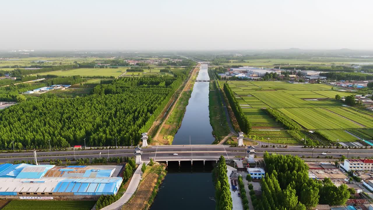Aerial establishing shot of a canal in the agriculture district in Shandong Province, China
