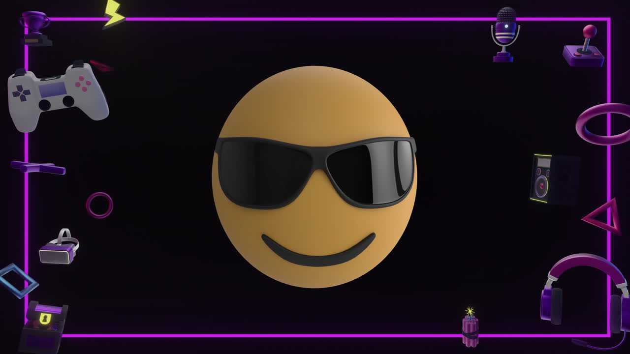 Animazione di icone di gioco ed emoji su sfondo nero