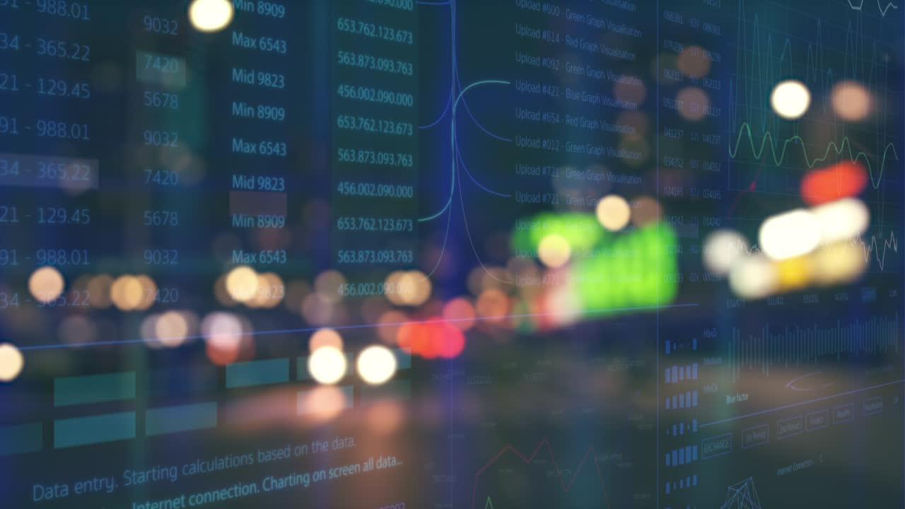 desenfocamiento de movimiento de las luces de la ciudad con capa de datos holográficos