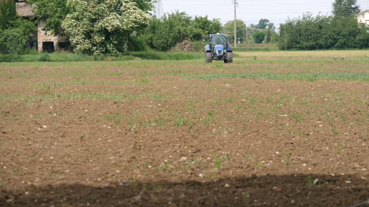 tractor azul en un campo recién arado con cuervos en él y granja cercana