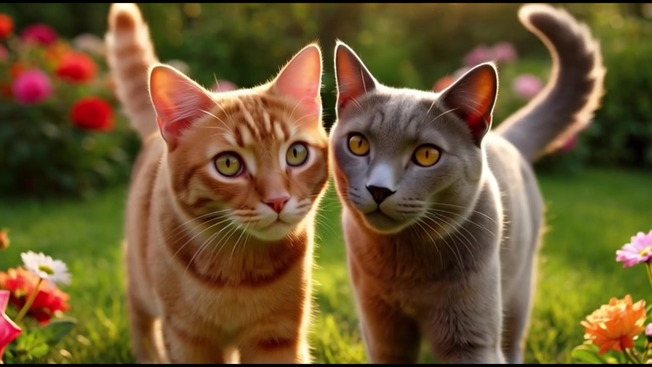 Due gatti che si salutano in un soleggiato giardino fiorito.