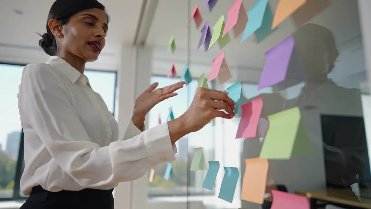 Hand reaching, woman placing planning notes on glass wall at office in white blouse, ring