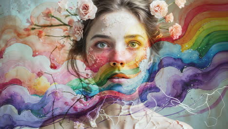 vibrant watercolor portrait of a woman with rainbow and flowers