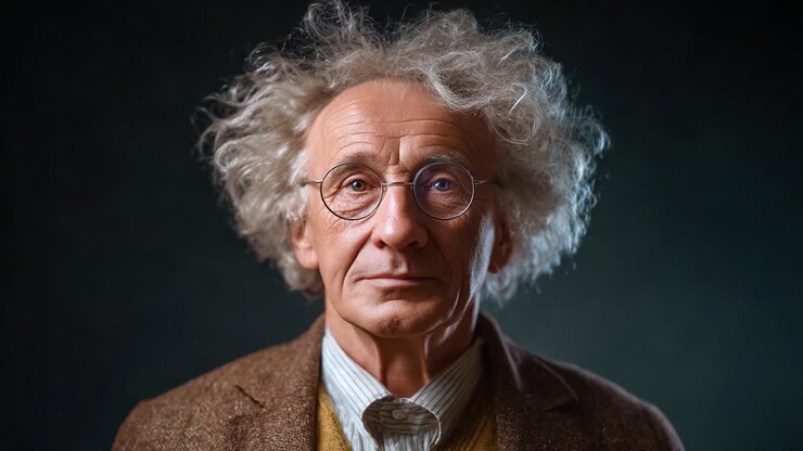 A wise figure with distinctive curly hair and glasses, portrayed with an expressive gaze that captures attention, showcasing character and depth with a timeless aura