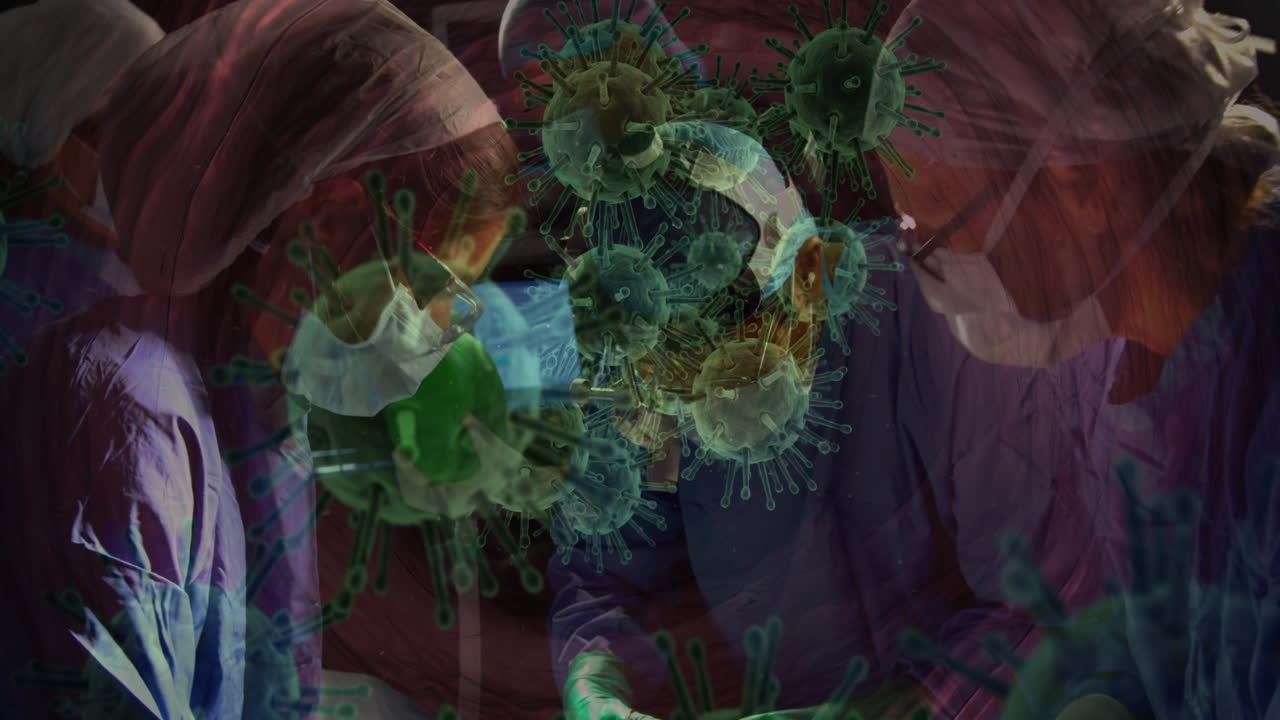múltiples células de covid-19 flotando contra el equipo de cirujanos que realizan cirugías en el hospital