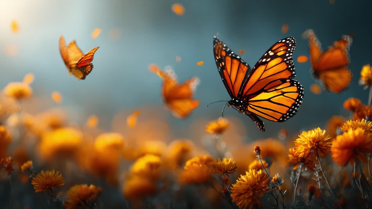 A Vibrant Display of Monarch Butterflies Amongst Blooming Orange Flowers, Capturing Nature's Beauty in a Serene Setting, Full of Color and Life