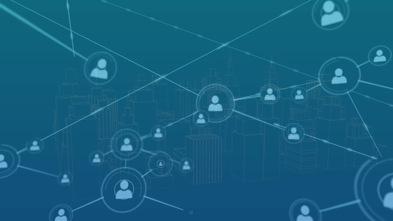 animación de la red de conexiones con procesamiento de datos sobre el paisaje urbano