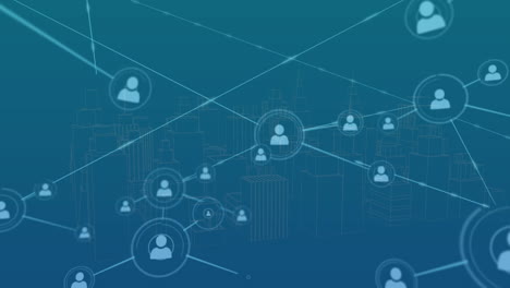animation of network of connections with data processing over cityscape
