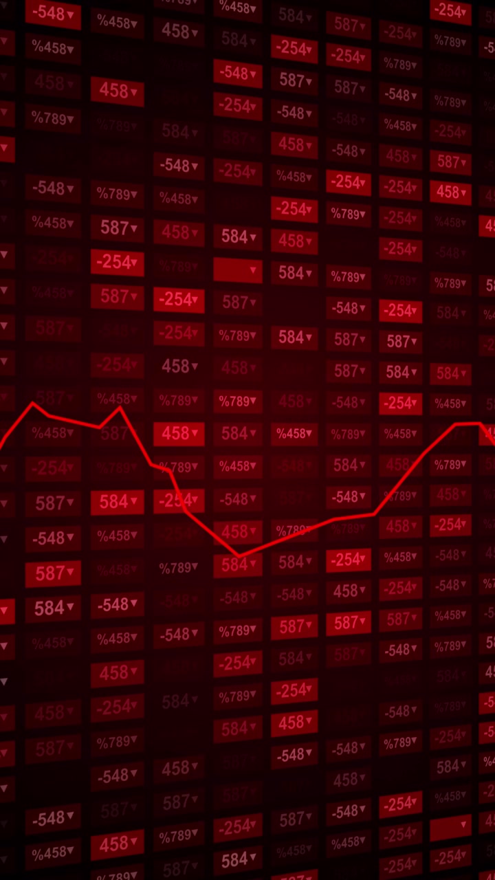 Red stock exchange board glowing price blocks falling market values sharp chart movement business
