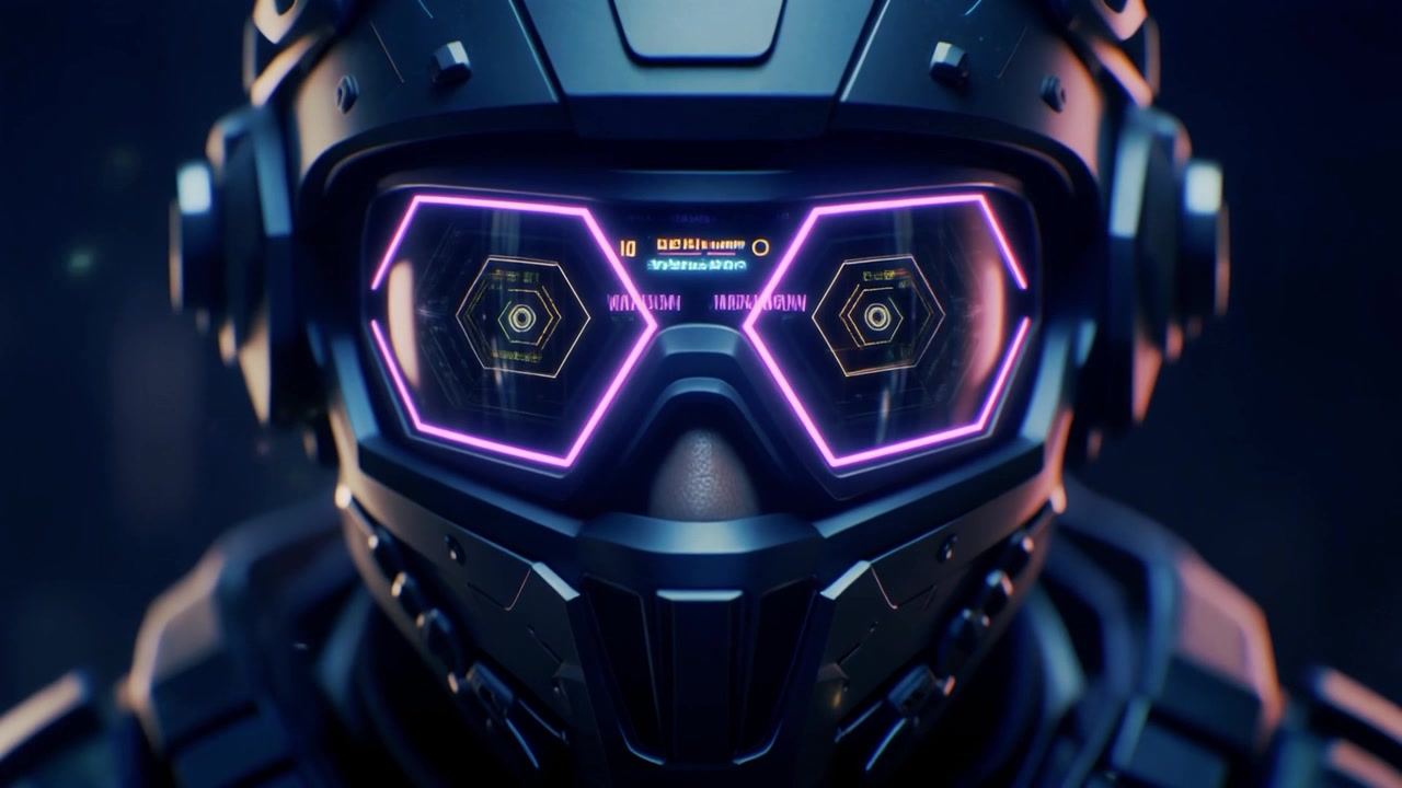 Soldato futuristico che indossa un elmetto tattico high-tech con HUD digitale luminoso