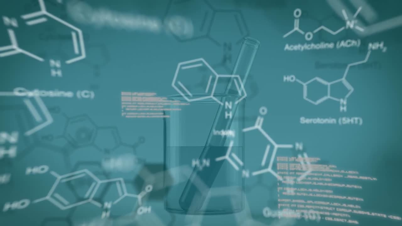 데이터 처리 및 화학 공식의 애니메이션 컵과 시험 튜브 위에