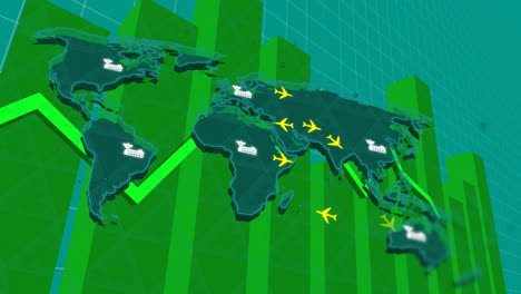 aviones y buques de carga sobre el mapa del mundo con gráficos de barras verdes